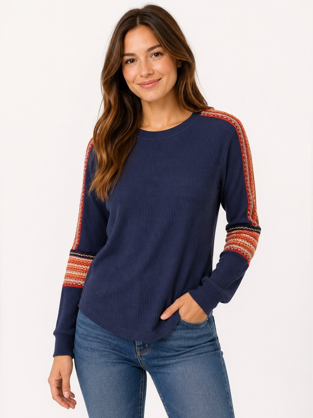 Natural Life Waffle Knit Thermal Top Boho Stripe Sleeve Navy Blue Medium NWT